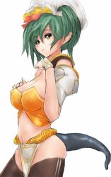 Rule 34 | 1girl, bad id, bad pixiv id, breasts, brown eyes, cleavage, green hair, monster girl, pointy ears, pupps, short hair, solo, tail, thighhighs