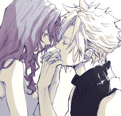 Rule 34 | 1boy, 1girl, aerith gainsborough, bare shoulders, blonde hair, breasts, brown hair, closed eyes, cloud strife, couple, demi co, dress, earrings, final fantasy, final fantasy vii, final fantasy vii rebirth, final fantasy vii remake, hetero, highres, holding hands, interlocked fingers, jewelry, kiss, kissing hand, long hair, looking at another, medium breasts, parted bangs, sepia, short hair, sidelocks, single earring, sleeveless, sleeveless dress, sleeveless turtleneck, spiked hair, turtleneck, upper body, wavy hair, white background