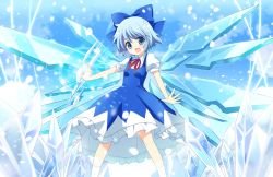 Rule 34 | 1girl, blue eyes, blue hair, blush, bow, cirno, dress, hair bow, ice, ice wings, kurot, matching hair/eyes, open mouth, short hair, short sleeves, smile, solo, touhou, wings