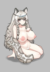 Rule 34 | 1girl, absurdres, animal ear fluff, animal ears, arknights, arm support, braid, breasts, bright pupils, closed mouth, completely nude, expressionless, female pubic hair, full body, grey background, grey eyes, grey hair, grey pubic hair, groin, hand on own chest, hand up, head chain, highres, huge breasts, jewelry, leaning to the side, long hair, navel, nipples, nude, pale skin, pramanix (arknights), pubic hair, puffy nipples, simple background, sitting, snow leopard ears, snow leopard girl, snow leopard tail, solo, stomach, tail, twin braids, very long hair, white pupils, zommeva