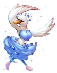 Rule 34 | 1girl, arms up, beak, blue eyes, blue fur, body fur, breasts, closed mouth, dancing, feathered wings, female focus, fleurina, full body, furry, furry female, happy, heel up, highres, ingi, kirby (series), kirby and the forgotten land, large breasts, looking at viewer, nintendo, one eye closed, simple background, smile, solo, sparkle, standing, two-tone fur, white background, white fur, white wings, winged arms, wings, wink