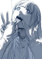 Rule 34 | 1girl, 1other, blush, commentary, english commentary, fern (sousou no frieren), greyscale, hews, highres, long hair, monochrome, open mouth, pov, saliva, sketch, solo focus, sousou no frieren, tongue, tongue out, upper body, v