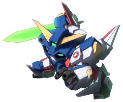 Rule 34 | chibi, energy sword, from above, holding, holding sword, holding weapon, looking ahead, mecha, mototaro, no humans, open hand, robot, solo, srx, super robot, super robot wars, super robot wars original generation, sword, weapon, white background