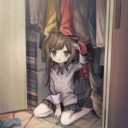 Rule 34 | 1girl, animal ear fluff, animal ears, arm up, barefoot, black skirt, brown eyes, brown hair, cat ears, cat girl, cat tail, child, closet, clothes hanger, folding door, grey shirt, grey sleeves, indoors, long hair, long sleeves, looking at viewer, neoki ohae, on floor, open mouth, original, shirt, sitting, skirt, solo, tail, wooden floor