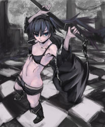 Rule 34 | 10s, 1girl, abs, bikini, bikini top only, black hair, black rock shooter, black rock shooter (character), blue eyes, boots, chain, checkered floor, coat, female focus, flat chest, floor, full body, highres, long hair, navel, riftgarret, scar, short shorts, shorts, solo, swimsuit, sword, twintails, weapon