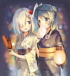 Rule 34 | 10s, 2girls, absurdres, blue eyes, blue hair, blurry, blush, bokeh, breasts, corn, cotton candy, depth of field, double bun, eating, flower, food, hair flower, hair ornament, hair over one eye, hairclip, hamakaze (kancolle), highres, ikayaki, japanese clothes, kantai collection, kimono, lantern, looking at another, looking to the side, mask, mask on head, multiple girls, obi, open mouth, paper lantern, sash, short hair, silver hair, squid, urakaze (kancolle), wide sleeves, yukata, zuho (vega)