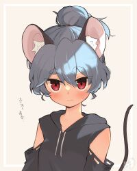 Rule 34 | 1girl, animal ear fluff, animal ears, commentary request, detached sleeves, grey hair, high ponytail, highres, hood, hoodie, light frown, looking at viewer, mouse ears, mouse girl, mouse tail, nazrin, neck, ponytail, red eyes, short hair, tail, take no ko (4919400), touhou, translation request, upper body, white background