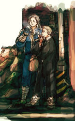 Rule 34 | 1boy, 1girl, bag, blonde hair, blue eyes, dorohedoro, dumpling, earrings, eating, food, formal, glasses, gloves, highres, izb, jewelry, noi (dorohedoro), red eyes, shin (dorohedoro), shoes, silver hair, sneakers, stitches, suit, trash