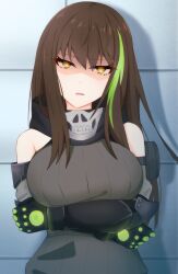 Rule 34 | 1girl, arm grab, black gloves, breasts, brown hair, disgust, eizen (lynaxen), girls&#039; frontline, gloves, grey shirt, highres, large breasts, looking at viewer, m4a1 (girls&#039; frontline), mask, multicolored hair, off shoulder, shirt, skull mask, solo, yellow eyes
