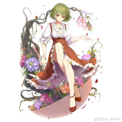 Rule 34 | 1girl, bare legs, bracelet, breasts, cleavage, closed mouth, flower, full body, green hair, high-waist skirt, holding, holding umbrella, jewelry, kazami yuuka, looking at viewer, medium breasts, necklace, orange flower, petals, pink flower, plaid, plaid skirt, plant, purple flower, red eyes, red footwear, red skirt, sam ashton, shoes, short hair, simple background, skirt, smile, solo, touhou, umbrella, vines, white background