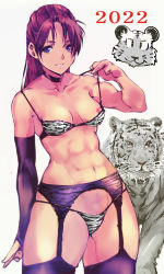 Rule 34 | 1girl, 2022, abs, animal print, arm up, ass, bra, breasts, brown hair, chinese zodiac, collarbone, garter straps, kamisimo 90, looking at viewer, muscular, muscular female, navel, nipples, original, ponytail girl (kamisimo 90), purple bra, purple eyes, purple thighhighs, smile, tan, thighhighs, tiger, tiger print, underwear, year of the tiger