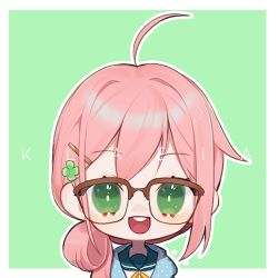 Rule 34 | 1girl, atelier live, character name, chibi, commentary, english commentary, glasses, green eyes, klaeia (vtuber), looking at viewer, lowres, open mouth, sailor collar, smile, solo, virtual youtuber, yueko (jiayue wu)