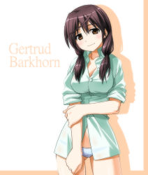 Rule 34 | 00s, 1girl, bad id, bad pixiv id, blush, breasts, brown eyes, brown hair, cleavage, gertrud barkhorn, large breasts, navel, panties, smile, solo, strike witches, twintails, umekichi, underwear, world witches series