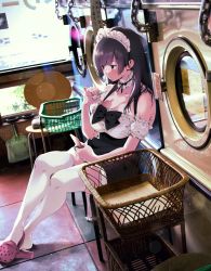 Rule 34 | 1girl, absurdres, bare shoulders, breasts, cellphone, cleavage, closed mouth, commentary request, crocs, crossed ankles, dress, dutch angle, highres, huge filesize, indoors, karasuma yayoi, large breasts, laundromat, laundry basket, light particles, long hair, looking away, maid headdress, original, phone, photo-referenced, photo background, purple eyes, purple hair, short dress, sitting, smartphone, solo, thighhighs, underbust, washing machine, white thighhighs, zettai ryouiki