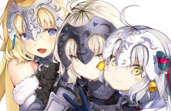 Rule 34 | 3girls, :d, bare shoulders, bell, black gloves, blue eyes, blush, blush stickers, bow, fate/apocrypha, fate/grand order, fate (series), fur trim, gauntlets, gloves, hair bow, helmet, iwasaki takashi, jeanne d&#039;arc (fate), jeanne d&#039;arc (ruler) (fate), jeanne d&#039;arc alter (avenger) (fate), jeanne d&#039;arc alter (fate), jeanne d&#039;arc alter santa lily (fate), long hair, looking at viewer, multiple girls, open mouth, simple background, smile, v, white background, white hair, yellow eyes