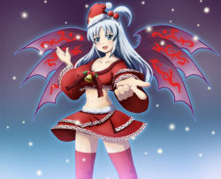 Rule 34 | 1girl, :d, bell, blush, breasts, christmas, cleavage, crop top, female focus, grey eyes, hair bobbles, hair ornament, hat, holly, inoshira, long hair, medium breasts, midriff, multiple wings, mystic square, navel, open mouth, santa hat, shinki (touhou), side ponytail, silver hair, skirt, smile, solo, thighhighs, touhou, touhou (pc-98), wings, zettai ryouiki