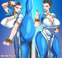 Rule 34 | 1girl, asa (teng zi), blue background, blue pants, bracelet, breasts, brown hair, capcom, chest cutout, china dress, chinese clothes, chun-li, cleavage, cleft of venus, cowboy shot, dress, earrings, eyeshadow, fighting stance, flats, gradient background, highres, huge breasts, jewelry, makeup, nail polish, pants, pearl earrings, projected inset, red nails, split, standing, standing on one leg, standing split, street fighter, street fighter 6, thick thighs, thighs, yoga pants