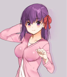 Rule 34 | 1girl, blush, breasts, cardigan, closed mouth, collarbone, fate/stay night, fate (series), grey background, hair ribbon, long hair, looking at viewer, matou sakura, medium breasts, purple eyes, purple hair, red ribbon, ribbon, shovelwell, smile, solo, upper body