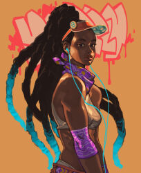 Rule 34 | 1girl, aqua hair, black hair, breasts, cable, colored tips, commentary, cromwaits, dark-skinned female, dark skin, dreadlocks, earbuds, earphones, elbow pads, english commentary, graffiti, highres, kimberly jackson, long hair, looking at viewer, midriff, multicolored hair, neckerchief, nose, official alternate costume, official alternate hairstyle, purple neckerchief, small breasts, solo, sports bra, street fighter, street fighter 6, thick eyebrows, thick lips, toned, very dark skin, visor cap, white sports bra