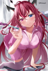 Rule 34 | 1girl, absurdres, blue eyes, blush, breasts, cleavage, heterochromia, highres, hololive, hololive english, horns, irys (hololive), kneeling, large breasts, long hair, looking at viewer, nurse, on bed, pink eyes, pink shirt, pink skirt, pointy ears, red hair, rokusketch, shirt, skirt, smile, syringe, thighhighs, very long hair, virtual youtuber