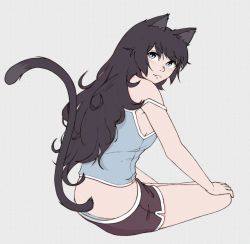 Rule 34 | animal, animal ears, bare shoulders, black hair, blue eyes, blush, breasts, cat ears, cat girl, cat tail, cirnq, from behind, full body, highres, long hair, looking back, medium breasts, original, panties, pantyshot, short shorts, shorts, sitting, solo, strap slip, tail, tooth, underwear