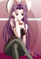 Rule 34 | 00s, 1girl, animal ears, arm garter, black pantyhose, bow, bowtie, detached collar, duplicate, fake animal ears, fate/stay night, fate (series), female focus, leotard, long hair, low-tied long hair, medusa (fate), medusa (rider) (fate), pantyhose, playboy bunny, purple eyes, purple hair, rabbit ears, sitting, solo, square pupils, strapless, strapless leotard, wrist cuffs
