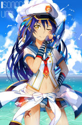 Rule 34 | &gt;;), 10s, 1girl, ;), blue hair, dress, hat, highres, long hair, looking at viewer, love live!, love live! school idol festival, love live! school idol project, lu&quot;, navel, one eye closed, peaked cap, sailor dress, smile, solo, sonoda umi, v-shaped eyebrows, water gun, wet, wet clothes, yellow eyes