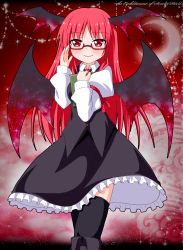 Rule 34 | 1girl, adjusting eyewear, adjusting hair, arm ribbon, bespectacled, black thighhighs, book, hugging book, boots, copyright name, crescent, demon girl, demon wings, embodiment of scarlet devil, glasses, head wings, holding, holding book, juliet sleeves, kagerou (kers), koakuma, long sleeves, looking at viewer, hugging object, puffy sleeves, red-framed eyewear, red eyes, red hair, ribbon, shirt, skirt, skirt set, smile, solo, thighhighs, touhou, vest, wings, zettai ryouiki