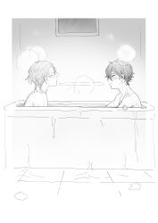 Rule 34 | 2boys, absurdres, bathtub, blush, caelus (honkai: star rail), closed eyes, commentary request, dan heng (honkai: star rail), facing another, greyscale, highres, honkai: star rail, honkai (series), indoors, kino mgmg, looking at another, male focus, monochrome, multiple boys, nude, piercing hole, rubber duck, same-sex bathing, shared bathing, short hair, shoulder blush, trailblazer (honkai: star rail), water, wet, wet hair, yaoi