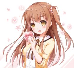 Rule 34 | 1girl, :d, bad id, bad pixiv id, blush, bow, box, breasts, brown eyes, brown hair, brown ribbon, cannian dada, character request, collared shirt, commentary request, dress shirt, gift, gift box, hair between eyes, hair ornament, hair scrunchie, hands up, head tilt, heart, heart-shaped box, holding, holding gift, jacket, koi kakeru shin-ai kanojo, long hair, looking at viewer, neck ribbon, one side up, open clothes, open jacket, open mouth, pink bow, ribbon, scrunchie, shirt, small breasts, smile, solo, upper body, very long hair, white scrunchie, white shirt, yellow jacket