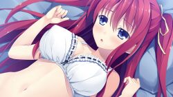 Rule 34 | 1girl, aikawa tatsuki, bed, blush, bra, breasts, cleavage, embarrassed, eyebrows hidden by hair, female focus, from above, game cg, hands up, indoors, large breasts, long hair, lying, navel, on bed, parted lips, pillow, purple eyes, red hair, ryuukishi bloody saga, saria blance, solo, twintails, underwear, upper body