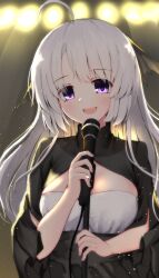 Rule 34 | 1girl, absurdres, ahoge, ayachi nene, backlighting, black dress, bloom, blurry, blurry background, blush, breasts, cleavage cutout, clothing cutout, commentary, dress, eyes visible through hair, fingernails, halloween costume, hand up, happy, head tilt, highres, holding, holding microphone, holding microphone stand, large breasts, light particles, long hair, long sleeves, microphone, microphone stand, music, nodoameyatou, open mouth, purple eyes, sanoba witch, sidelocks, singing, smile, solo, stage, stage lights, straight hair, teeth, upper body, upper teeth only, very long hair, white hair, wide sleeves, witch
