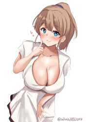 Rule 34 | 1girl, absurdres, alternate costume, blue eyes, breasts, brown hair, cleavage, dress, finger to cheek, highres, index finger raised, intrepid (kancolle), kantai collection, large breasts, looking at viewer, one-hour drawing challenge, ponytail, sakura ab, short hair, simple background, smile, solo, twitter username, white background, white dress