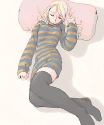 Rule 34 | 1girl, bad id, bad pixiv id, black thighhighs, blonde hair, lying, oekaki, original, pillow, simple background, sleeping, solo, striped clothes, striped sweater, sweater, swept bangs, thighhighs, une