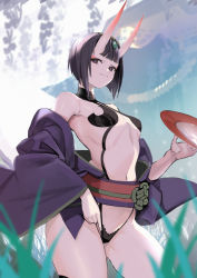 Rule 34 | 1girl, absurdres, alcohol, arched back, architecture, bob cut, breasts, closed mouth, cup, east asian architecture, eyeliner, fate/grand order, fate (series), ganida boushoku, grass, headpiece, highres, horns, japanese clothes, kimono, long sleeves, looking at viewer, makeup, navel, obi, off shoulder, oni, purple eyes, purple hair, purple kimono, revealing clothes, sakazuki, sake, sash, short eyebrows, short hair, shuten douji (fate), skin-covered horns, small breasts, smile, solo, thighs, wide sleeves