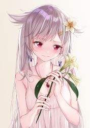 Rule 34 | 1girl, azur lane, bare shoulders, blush, breasts, cleavage, commentary request, crying, crying with eyes open, dress, flower, hair between eyes, hair ornament, hairclip, highres, holding, holding flower, jewelry, long hair, medium breasts, montpelier (azur lane), necklace, red eyes, shokuyou koori, silver hair, simple background, solo, tearing up, tears, very long hair, white background, white dress, white flower
