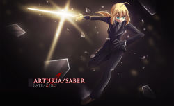 Rule 34 | 1girl, artoria pendragon (all), artoria pendragon (fate), black gloves, blonde hair, excalibur (fate/stay night), fate/stay night, fate/zero, fate (series), female focus, formal, gloves, gradient background, green eyes, necktie, pant suit, pants, ponytail, saber (fate), solo, suit, sword, weapon