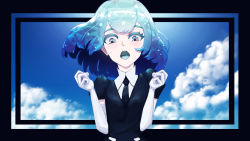 Rule 34 | 1other, black neckwear, blue sky, cloud, cloudy sky, collared shirt, colored eyelashes, crystal hair, day, diamond (houseki no kuni), gem uniform (houseki no kuni), highres, houseki no kuni, mint (catofminto), open mouth, other focus, outdoors, shirt, sky, solo