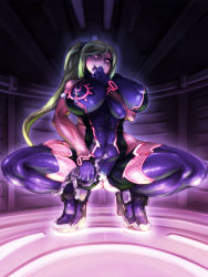 Rule 34 | 1girl, abs, adapted costume, ass, blonde hair, bodysuit, breasts, covered navel, doll, covered erect nipples, fishnet gloves, fishnets, gloves, heart, heart-shaped pupils, highres, large breasts, leotard, long hair, marupon, metroid, navel, nintendo, ponytail, saliva, samus aran, skin tight, spread legs, squatting, symbol-shaped pupils, tongue, tongue out, zero suit
