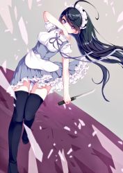 Rule 34 | + +, 1girl, ahoge, black hair, black thighhighs, blush, breasts, commentary request, covered mouth, dutch angle, grey skirt, hair between eyes, hand up, highres, holding, holding knife, knife, long hair, maid, maid headdress, medium breasts, original, panties, pleated skirt, puffy short sleeves, puffy sleeves, purple eyes, risui (suzu rks), shirt, short sleeves, skirt, solo, standing, standing on one leg, striped clothes, striped panties, thighhighs, underwear, very long hair, white shirt