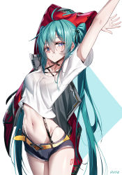 Rule 34 | 1girl, ahoge, arms up, black panties, black shorts, blue background, blue eyes, closed mouth, collarbone, commentary request, crop top, green hair, groin, hair between eyes, hatsune miku, highleg, highleg panties, highres, long hair, looking at viewer, midriff, navel, panties, qys3, shirt, short shorts, short sleeves, shorts, signature, solo, twintails, two-tone background, underwear, very long hair, vocaloid, white background, white shirt