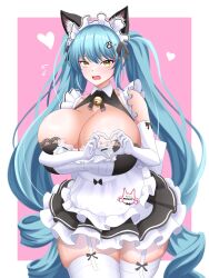 Rule 34 | 1girl, animal ears, apron, black dress, blue hair, blush, breasts, cat ears, chantatou-hwi, dress, drill hair, elbow gloves, fake animal ears, gloves, goddess of victory: nikke, heart, heart hands, huge breasts, legwear garter, light blue hair, long hair, maid, maid headdress, neck bell, official alternate costume, open mouth, paw hair ornament, privaty (nikke), privaty (unkind maid) (nikke), skindentation, solo, thighhighs, twin drills, twintails, very long hair, white apron, white gloves, white thighhighs, yellow eyes