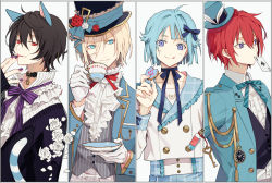 Rule 34 | 4boys, ace (playing card), ace of spades, ahoge, alice (alice in wonderland), alice (alice in wonderland) (cosplay), animal collar, animal ear fluff, animal ears, aqua eyes, aqua hair, aqua headwear, aqua jacket, aqua neckwear, black vest, blazer, blue eyes, blue jacket, blue neckwear, blunt bangs, blush, border, bowtie, brown hair, buttons, card, cardigan, cat ears, cat tail, cheshire cat (alice in wonderland), cheshire cat (cosplay), collar, collarbone, commentary, cookie, cosplay, crop top, cuff links, cup, diamond (shape), dress shirt, drink me, drink me potion, eat me, ensemble stars!, flower, food, frilled collar, frills, gloves, grey vest, hair between eyes, hand up, hat, hat flower, hat ribbon, holding, holding cup, jacket, key, licking, licking finger, looking at viewer, looking to the side, mad hatter (alice in wonderland), mad hatter (alice in wonderland) (cosplay), mini hat, mini top hat, multiple boys, nail polish, neck ribbon, open cardigan, open clothes, outside border, plaid, platinum blonde hair, playing card, pocket watch, popped collar, potion, purple cardigan, purple eyes, purple nails, purple neckwear, red eyes, red hair, red neckwear, ribbon, rose, sakuma ritsu, shino hajime, shirt, short hair, simple background, sleeves past wrists, smile, spade (shape), split mouth, striped bow, striped bowtie, striped clothes, striped neckwear, striped shirt, striped vest, suou tsukasa, symbol-only commentary, tail, teacup, tenshouin eichi, tongue, tongue out, top hat, upper body, vest, watch, white border, white flower, white gloves, white rabbit (alice in wonderland), white rabbit (cosplay), white rose, white shirt, wing collar, zangyaacco