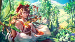 Rule 34 | 1girl, ascot, bamboo, blue flower, bow, breasts, brown hair, coin, day, detached sleeves, floating hair, flower, frills, gohei, hair bow, hair ornament, hair tubes, hakurei reimu, hand on own chest, holding, japanese clothes, lake, leaf, lily pad, long hair, looking at viewer, money, mountain, nail polish, outdoors, parted lips, polskash, red bow, red nails, red ribbon, ribbon, ribbon-trimmed sleeves, ribbon trim, rock, rope, sash, shade, shimenawa, sideboob, solo, stairs, swept bangs, tassel, torii, touhou, tree, upper body, water, white flower, wide sleeves, wind, wings, yellow flower