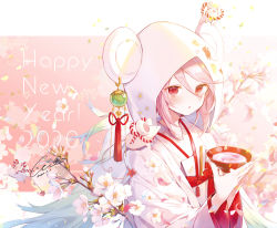 Rule 34 | 1girl, 2020, :o, animal hood, artist name, branch, cherry blossoms, chinese zodiac, cup, dated, english text, folding fan, hand fan, happy new year, holding, hood, hood up, ibara riato, japanese clothes, kimono, long sleeves, looking at viewer, mouse (animal), mouse hood, new year, original, parted lips, petals, pink-framed eyewear, pink eyes, rope, sakazuki, shimenawa, signature, solo, swept bangs, uchikake, white kimono, wide sleeves, wind chime, year of the rat