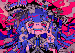 Rule 34 | 1girl, arm tattoo, bandaged arm, bandages, bandaid, bandaid on hand, black shirt, blue hair, blunt bangs, braid, capelet, crying, crying with eyes open, ear piercing, grey capelet, hat, hat chain, hat ornament, highres, lip piercing, long hair, neon palette, open mouth, original, piercing, pink background, pink eyes, pink nails, pink theme, sharp teeth, shirt, sidelocks, smile, solo, tattoo, tears, teeth, terada tera, tongue, tongue piercing, twin braids, v, witch hat
