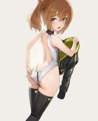 Rule 34 | 1girl, adjusting clothes, adjusting leotard, alice gear aegis, ass, backless outfit, bare arms, black jacket, black thighhighs, blush, brown hair, commentary request, competition swimsuit, cropped jacket, dutch angle, fang, feet out of frame, from behind, green jacket, hair between eyes, heattech leotard, highres, holding, holding clothes, holding jacket, jacket, kimikage yui, leotard, looking at viewer, looking back, medium hair, one-piece swimsuit, open mouth, purple eyes, simple background, solo, sunga2usagi, swimsuit, thighhighs, turtleneck, twintails, two-sided fabric, two-sided jacket, unworn jacket