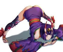 Rule 34 | 1girl, aona (anagasaki), arm rest, ass, bare shoulders, bob cut, breasts, eyeliner, fate/grand order, fate (series), feet, female focus, flexible, hands on ground, headpiece, horns, jack-o&#039; challenge, japanese clothes, kimono, long sleeves, looking at viewer, makeup, meme, oni, purple eyes, purple hair, purple kimono, short hair, shuten douji (fate), skin-covered horns, small breasts, solo, spread legs, stretching, toes, top-down bottom-up, white background, wide sleeves, wide spread legs