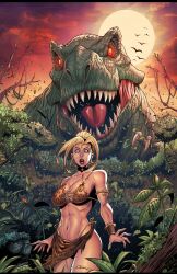 1girl artist_collaboration bikini blonde_hair breasts brown_bikini cinderella_(zenescope) highres ivan_nunes jordi_tarragona jungle large_breasts nature navel open_mouth outdoors plant sharp_teeth side-tie_bikini_bottom solo swimsuit teeth tree tyrannosaurus_rex zenescope