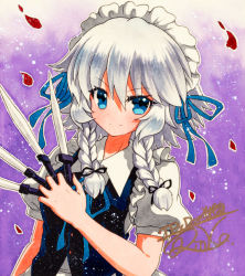Rule 34 | 1girl, bad id, bad pixiv id, between fingers, blue eyes, blue ribbon, blue vest, braid, closed mouth, collarbone, collared shirt, gradient background, hair between eyes, hair ribbon, holding, holding knife, izayoi sakuya, knife, looking at viewer, maid, maid headdress, neck ribbon, puffy short sleeves, puffy sleeves, purple background, qqqrinkappp, ribbon, shadow, shikishi, shirt, short sleeves, signature, silver hair, solo, touhou, traditional media, twin braids, upper body, vest, white shirt